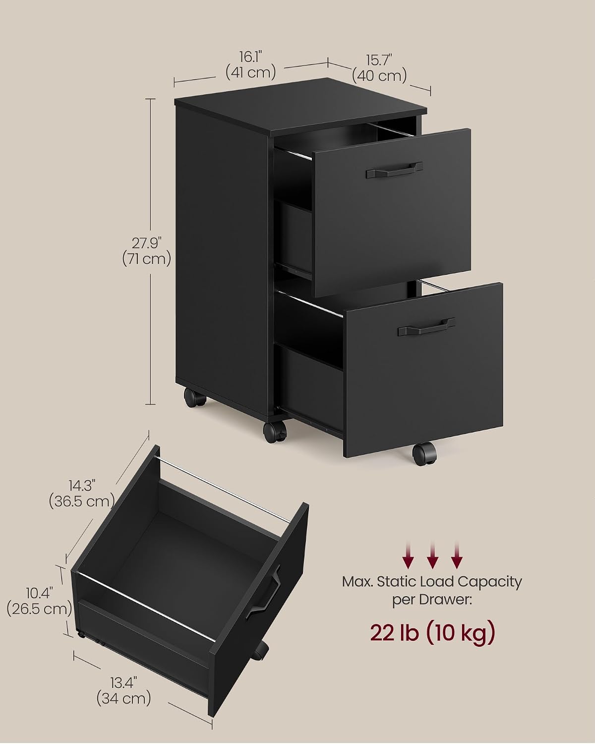 vasagle 2-drawer file cabinet, small rolling filing cabinet shown in use
