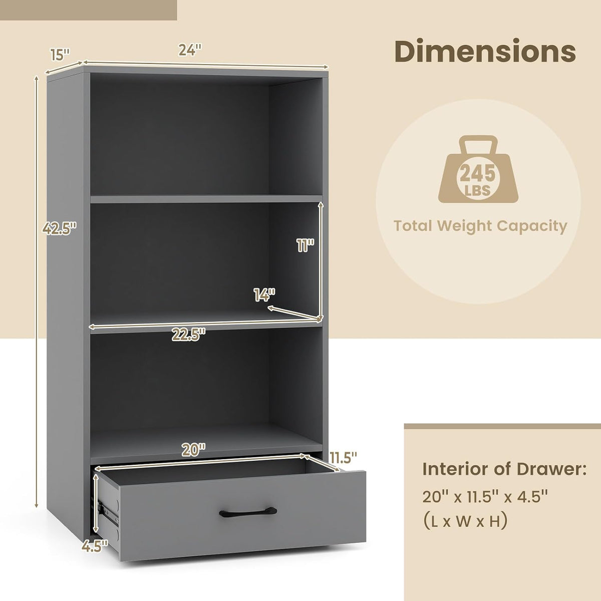 Tangkula 3 Tier Bookcase with Drawer, 42.5”Tall Freestanding Bookshelf with 3...