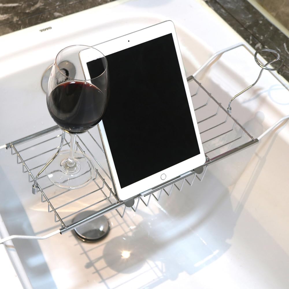 BDL Expandable Bathtub Caddy Tray with Wine Holder & Reading Rack,Silver