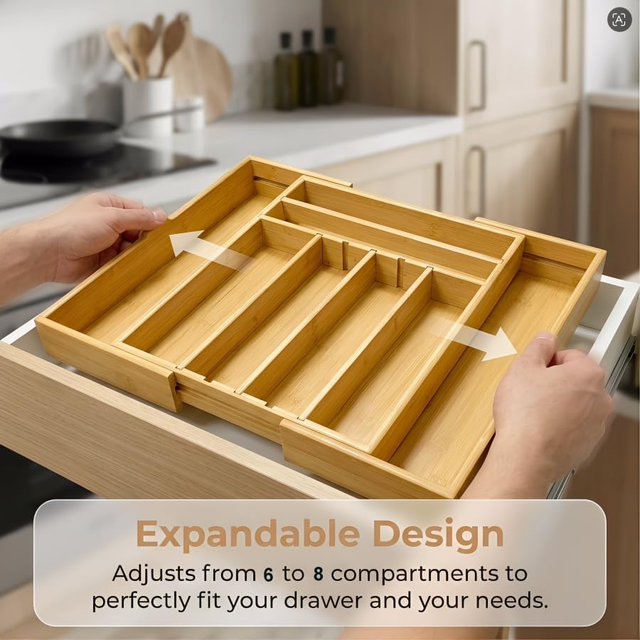 Bamboo Kitchen Silverware Drawer Organizer (DIY Slot, Natural)