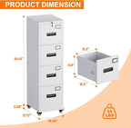METAN 4 Drawer File Cabinet on Wheels, Lockable Metal Filing Cabinet - Image 2