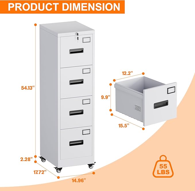 METAN 4 Drawer File Cabinet on Wheels, Lockable Metal Filing Cabinet - Image 2
