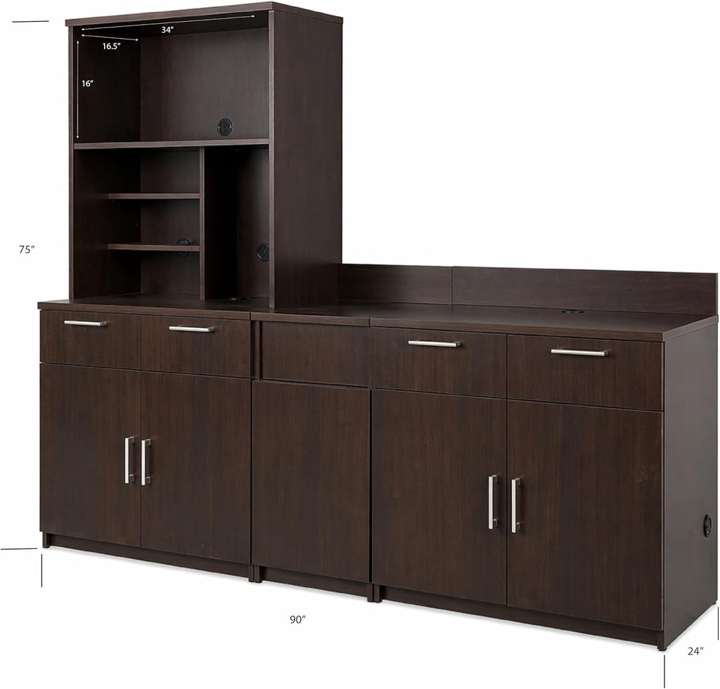 BREAKtime Upper Hutch Cabinet with 2-Door Storage, Microwave Space and Trash Bin, Office Breakroom Cabinet, Fully Assembled, 90" W x 24" D x 75" H, Appliances Not Included