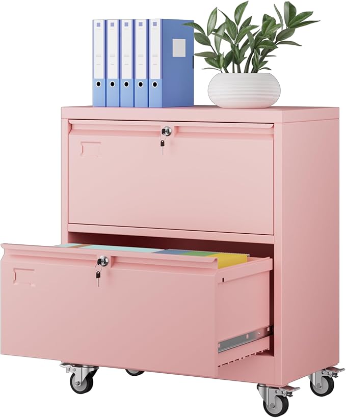 METAN Upgrade 2 Drawers Lateral File Cabinet on Wheels, Steel Office Filing by METAN
