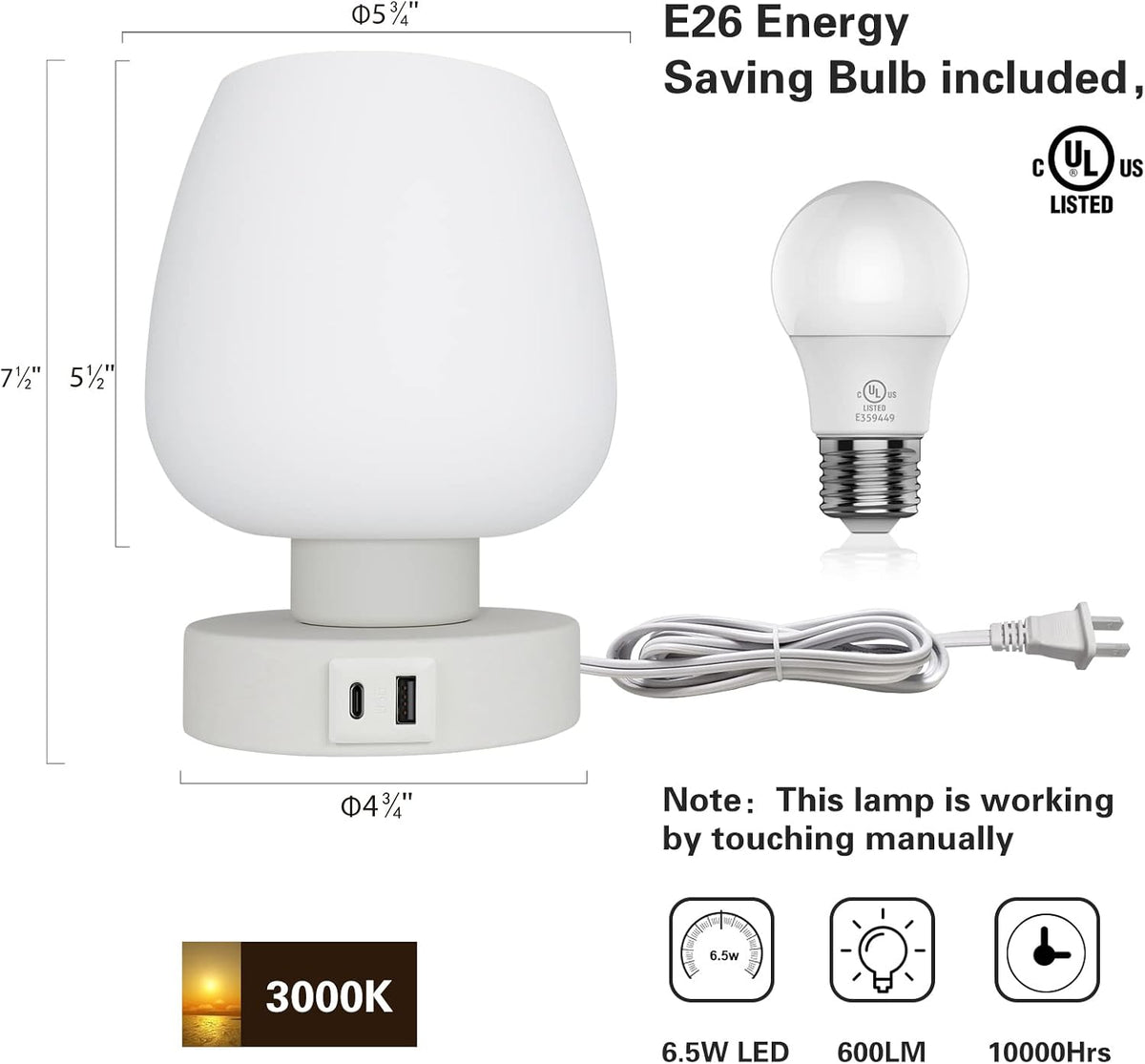 Touch Bedside Table Lamp - Small Lamp for Bedroom with USB C+A Charging Ports...