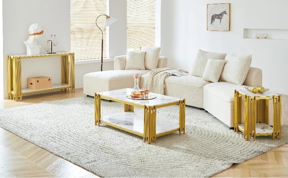Elegant Faux Marble Coffee Table Set - Modern White Console & End Tables ...