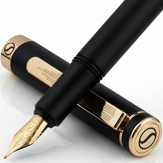 Scriveiner Luxury EDC Fountain Pen, Stunning Luxury Black Pocket Pen, Real Gold by Scriveiner