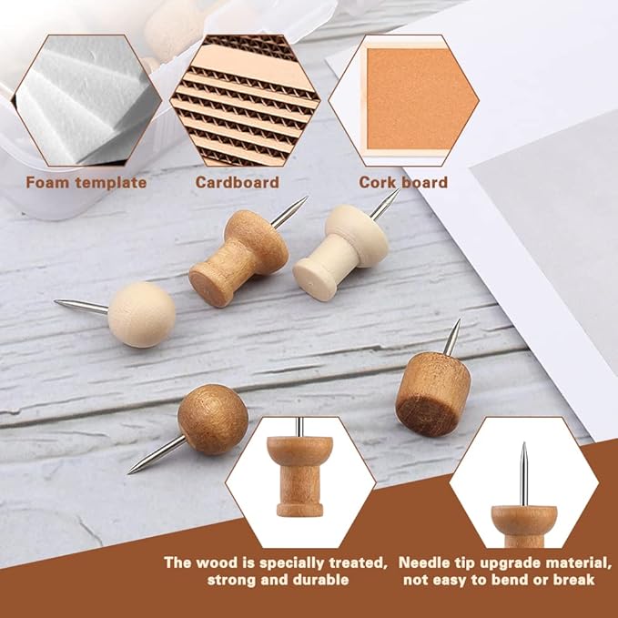 60 Pcs Wood Push Pins, 2 Colors and 5 Types Decorative Thumb Tacks Wooden Head - Image 4