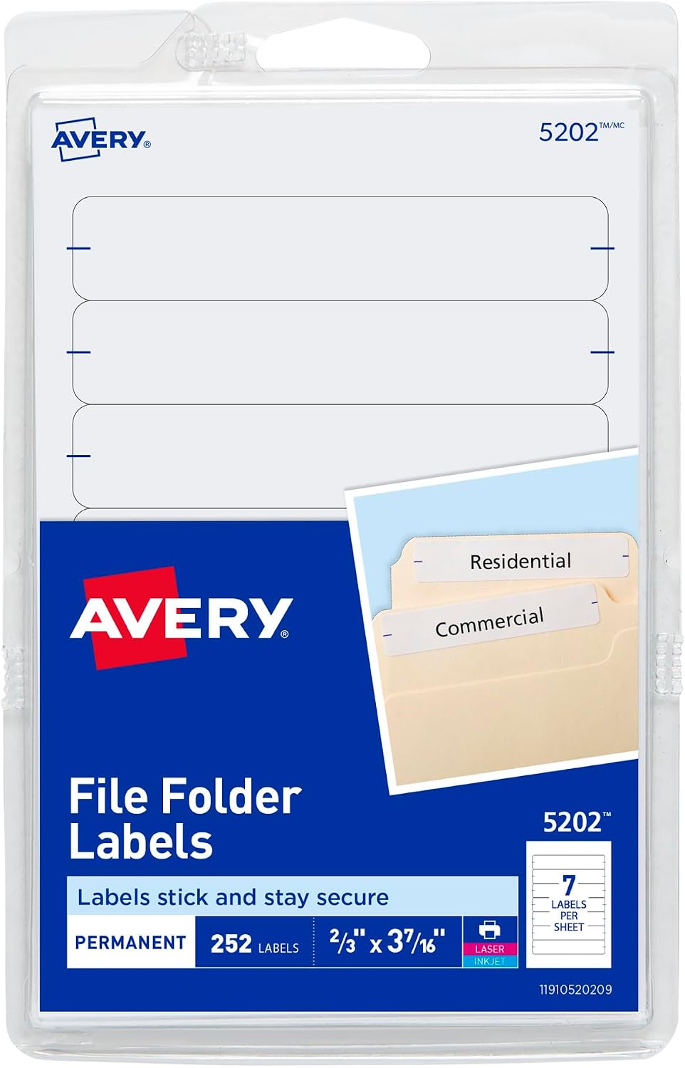Avery® File Folder Labels on 4" x 6" Sheets, Easy Peel®, White, Print & Handwrite, 2/3" x 3-7/16", 252 Labels (5202)