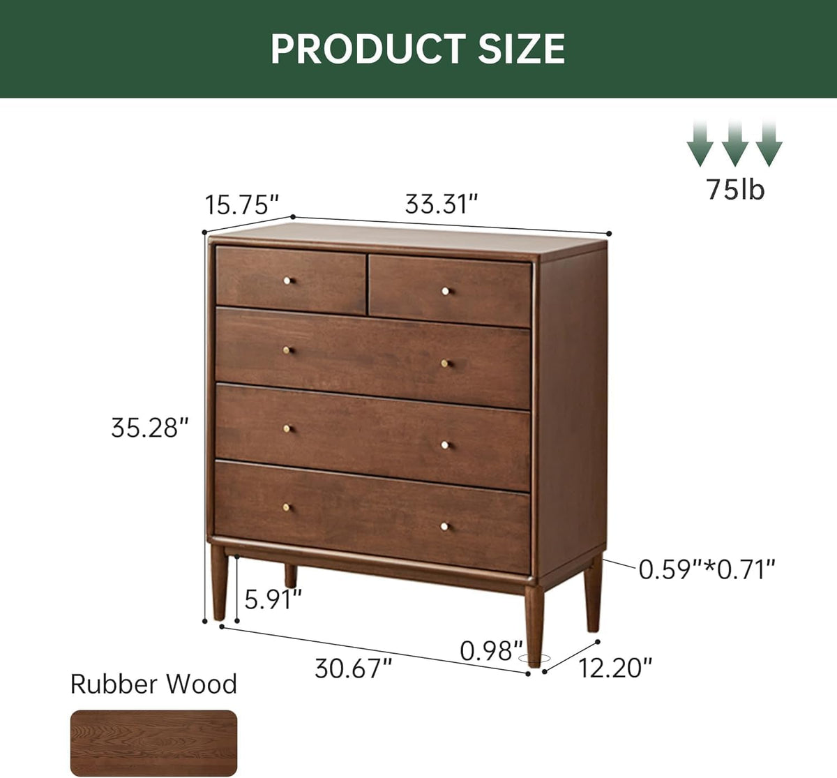 100% Solid Wood Nightstand with 5 Drawer, 5 Drawer Side Table for Bedroom, Wo...