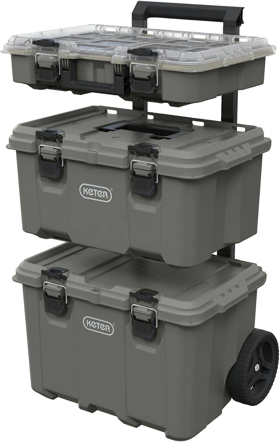 keter stack-n-roll outdoor gear organizer, 3-piece rolling storage, main product view