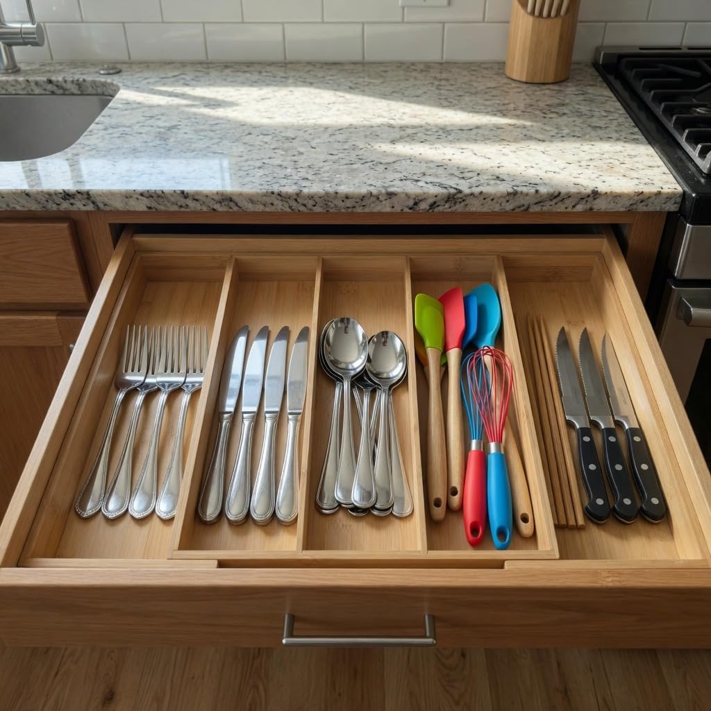 Expandable Bamboo Silverware Drawer Organizer, Adjustable Cutlery Tray