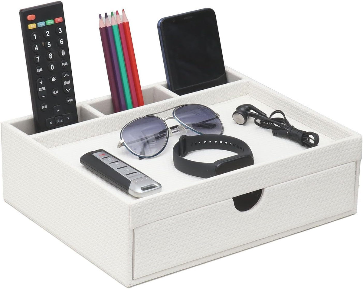 Leather Desk Organizer With Drawers, Home Cosmetics & Phone Remote Organi...