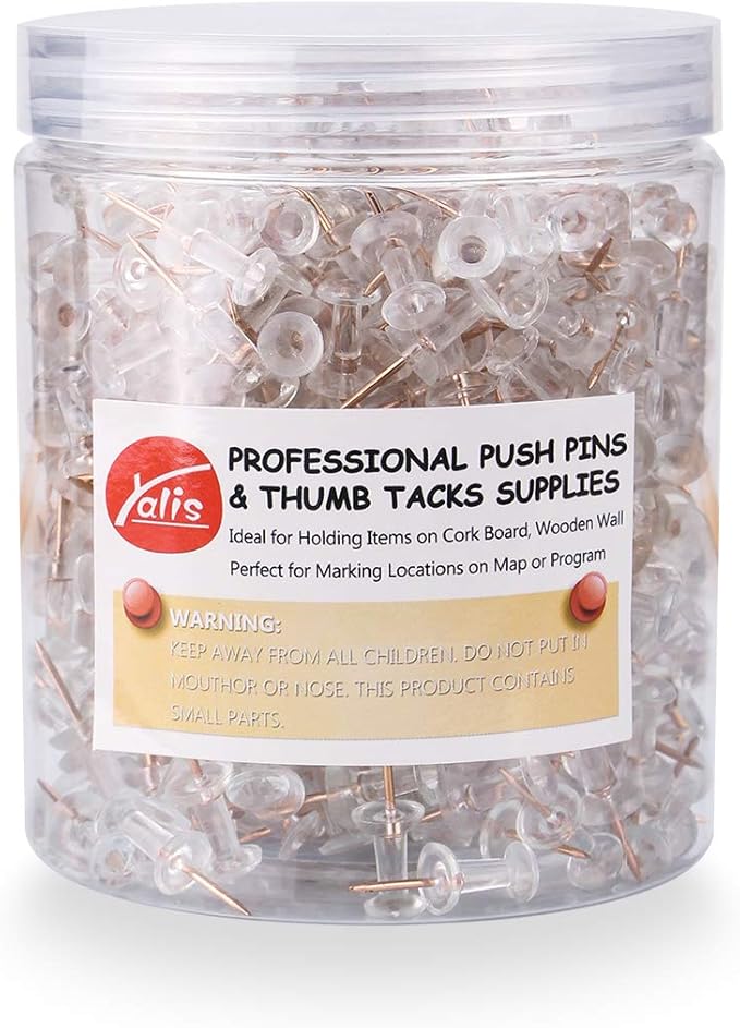 Yalis Push Pins 600 Count, Standard Rose Gold Pins Clear Thumb Tacks Steel by Yalis