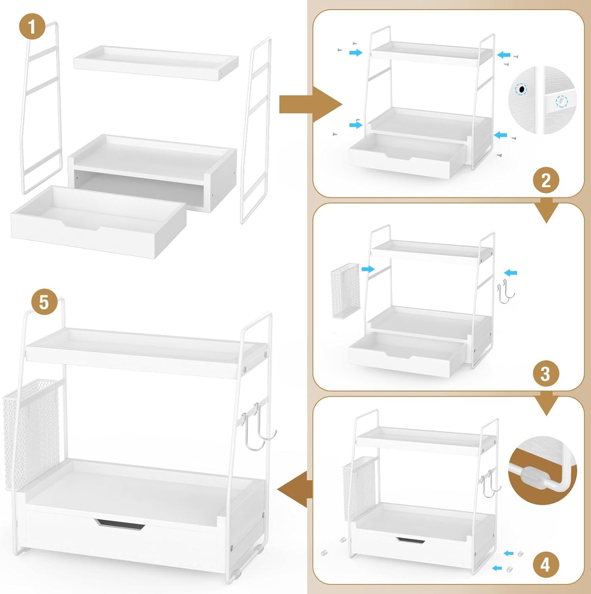 2-Tier Bathroom Counter Organizer with Drawer, Wood Counter Storage Shelf
