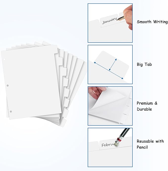 Binder Dividers for 3 Ring Binder, 1/8 Cut Tabs, Letter Size, Blank Write On - Image 4