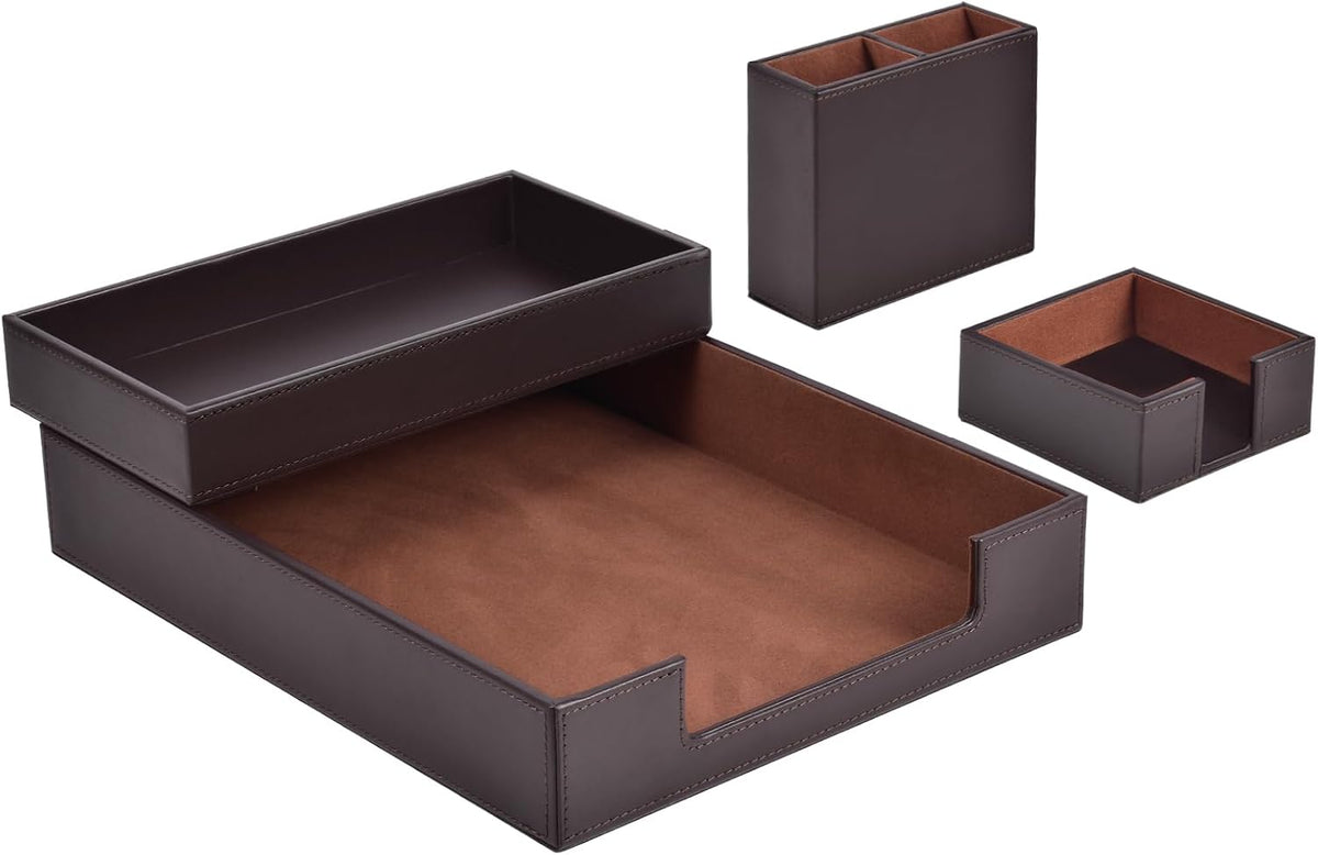 4 Pack Leather Office Supplies/Desk Organizer for Letter Paper Tray,Sticky No...