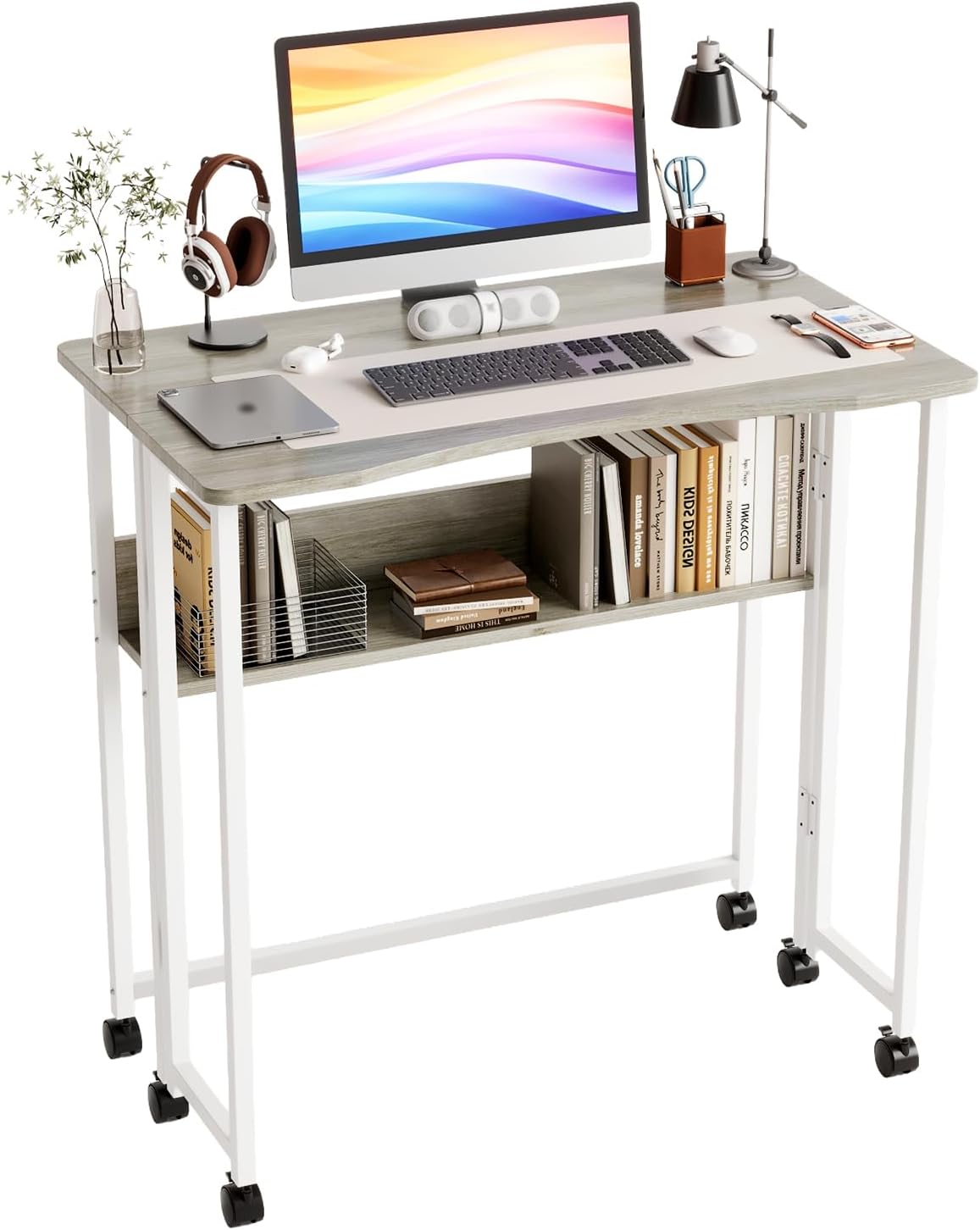 VINGLI 31.5 Inch Folding Computer Table, Small Rolling Desk with Storage Shel...