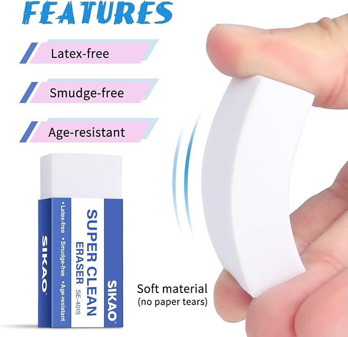 White Erasers, 6 Pack Block Pencil Erasers – Smudge-Free Latex-Free, Erasers - Image 3