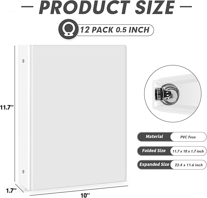 3 Ring Binder 0.5 Inch, PANDRI 12 Pack 0.5-Inch Binder Fits Letter Size 8.5'' x - Image 2