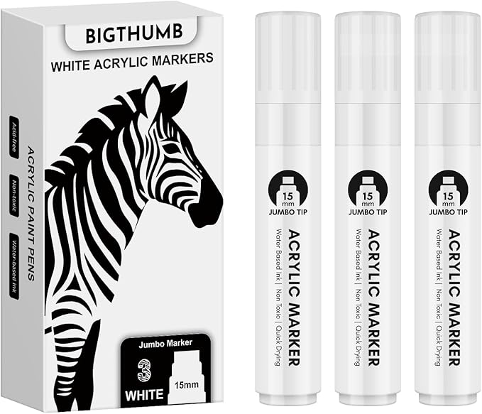 BIGTHUMB Thick White Jumbo Poster Markers: 3 Pcs 15mm Wide Tip Large Acrylic - Image 2