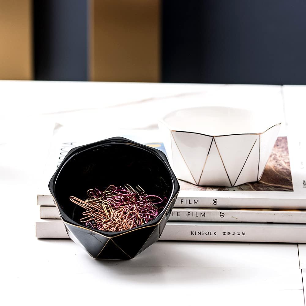 Paper Clip Holder With Gold Line Geometric Ceramic Paper Clip Dispenser for Desk Cute Paper Clip Organizer Office Binder Clip Holder (White)