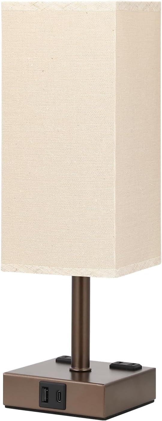 Brown Touch Table Lamp for Bedroom - Dimmable, USB C+A, 2 AC Outlets