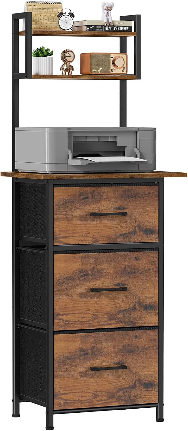 Snughome 3 Drawer Tall File Cabinet with 19.7'' Extended Desktop, 3-Tier Filing Cabinet for Home Office 51.6''H Vertical File Cabinet Printer Stand with Drawers, Fits A4/Letter/Legal,Rustic Brown