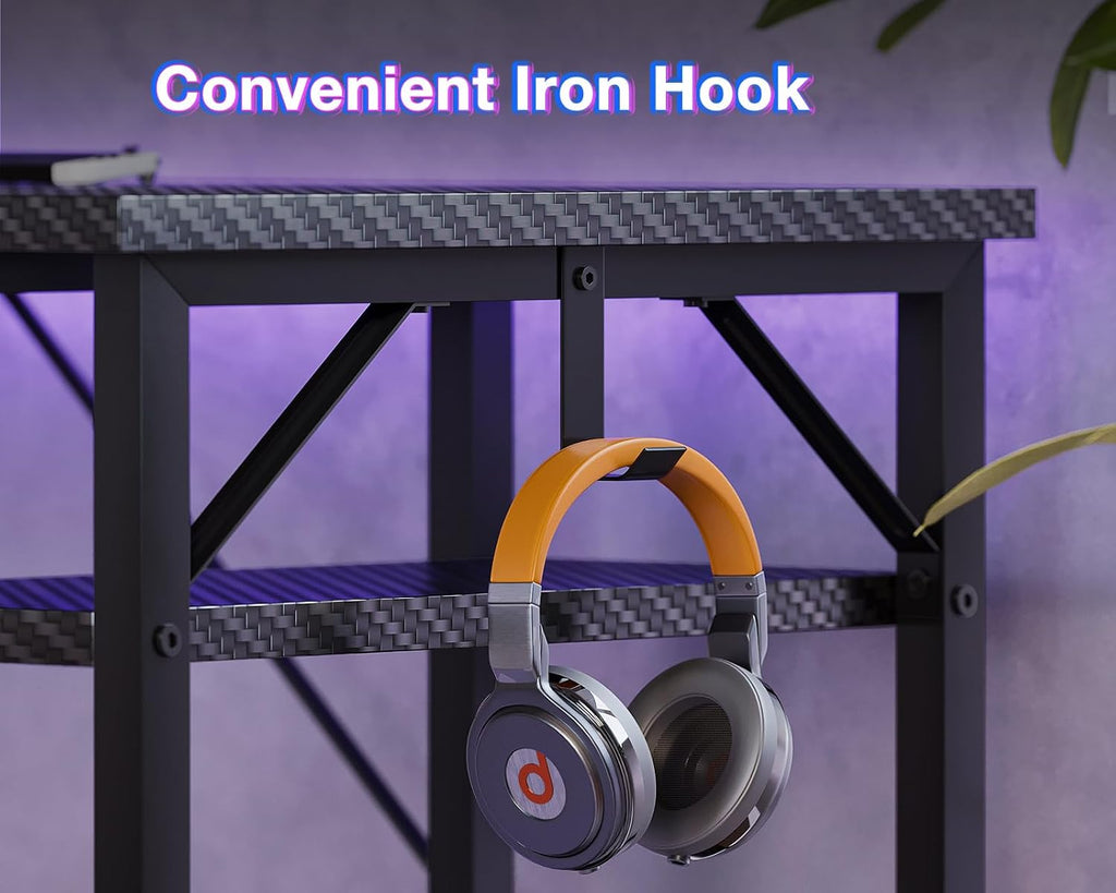 ODK 53 Inch L Shaped Gaming Desk with Hutch & Headphone Hook | Black Corner Computer Table with LED light & Storage Shelves for Home Office