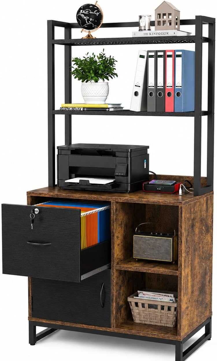 homieasy vertical filing cabinet with bookshelf, rustic brown, main product view