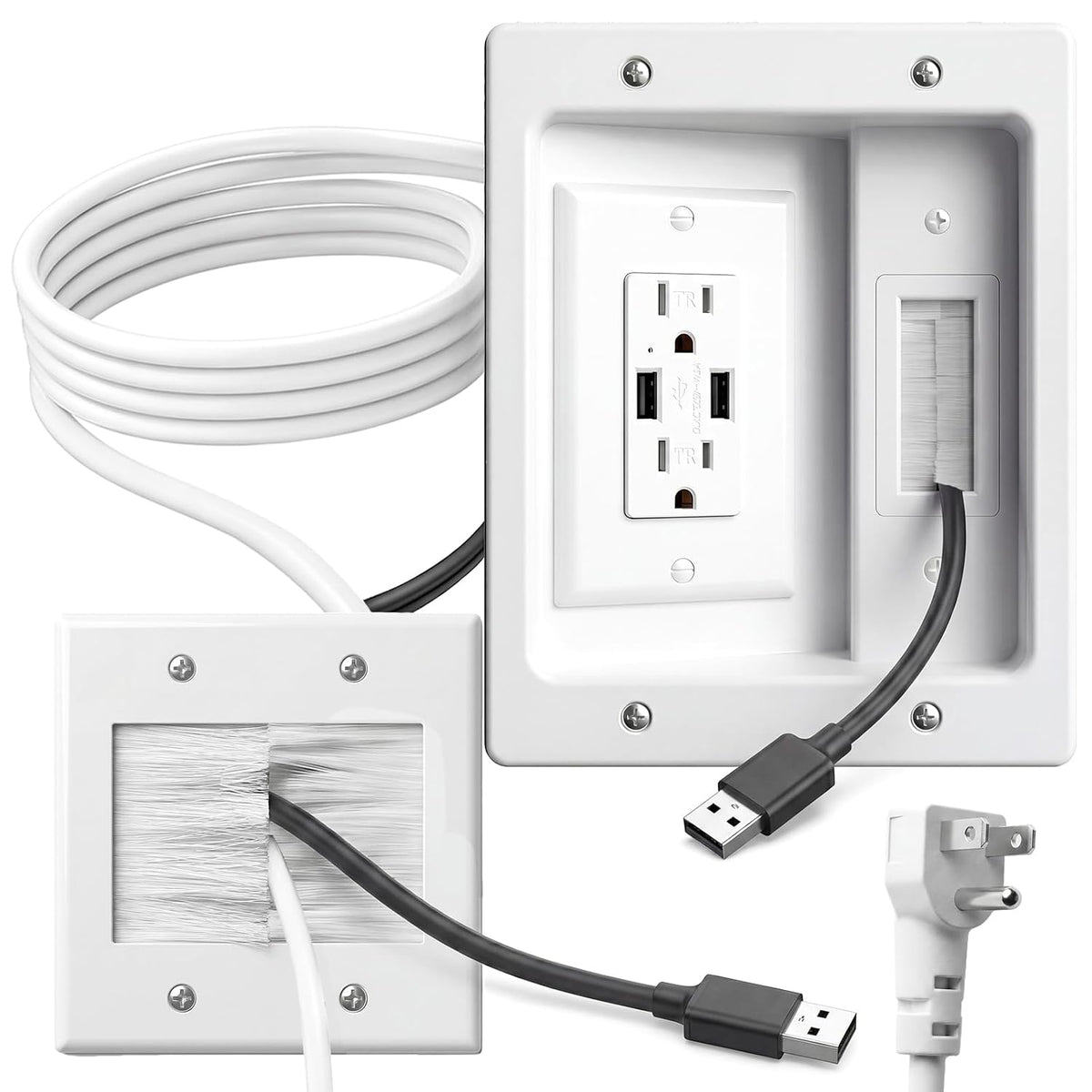 in-Wall Cable Management Kit, Recessed TV Outlet Box with Dual AC + 2 USB Por...