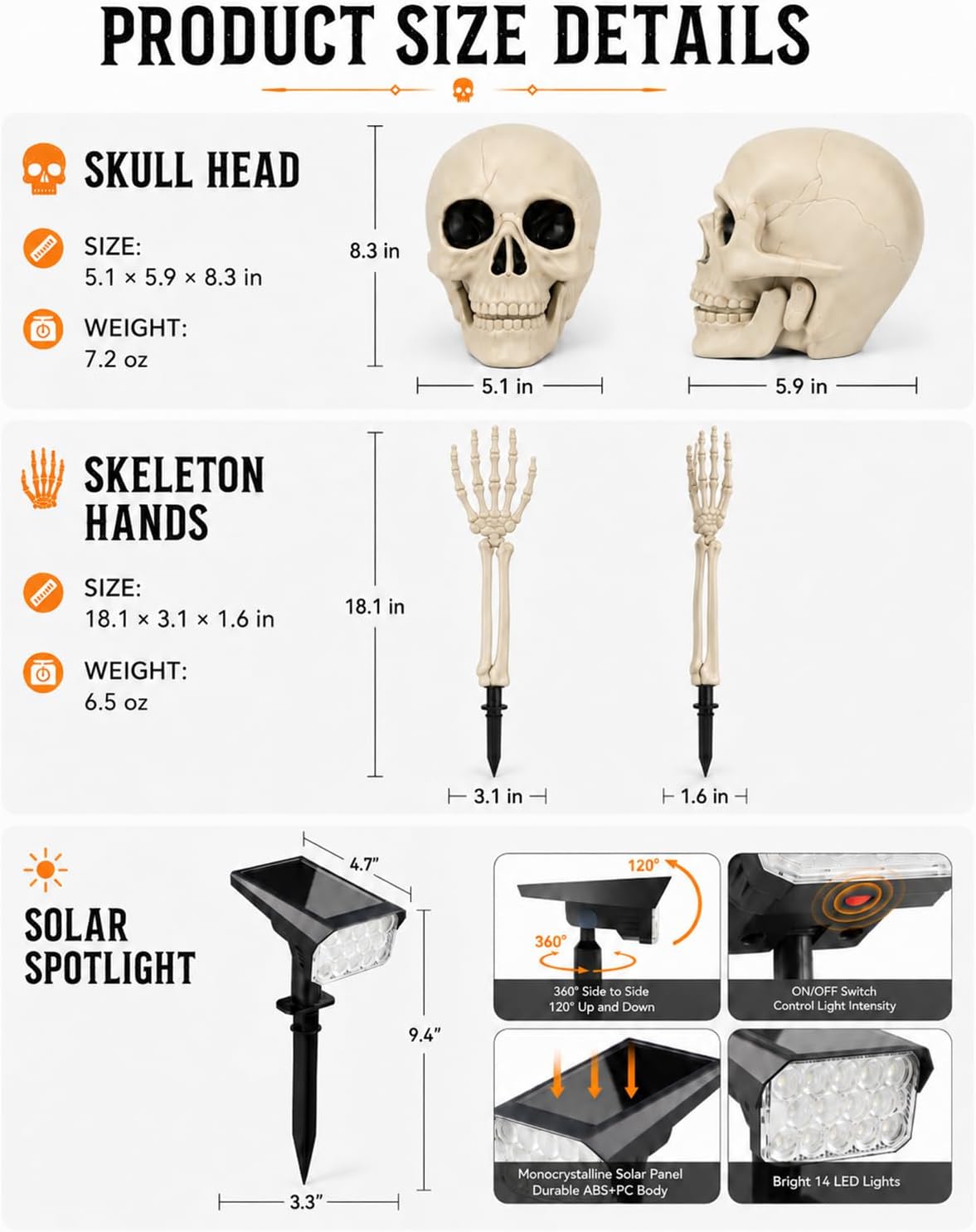 Solar Halloween Lights Outdoor with Skeleton Head and Hands