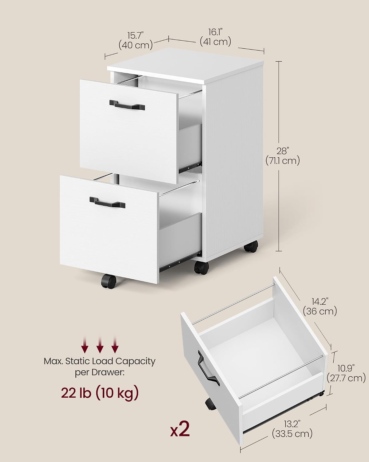 vasagle 2-drawer file cabinet, small rolling filing cabinet, close-up detail