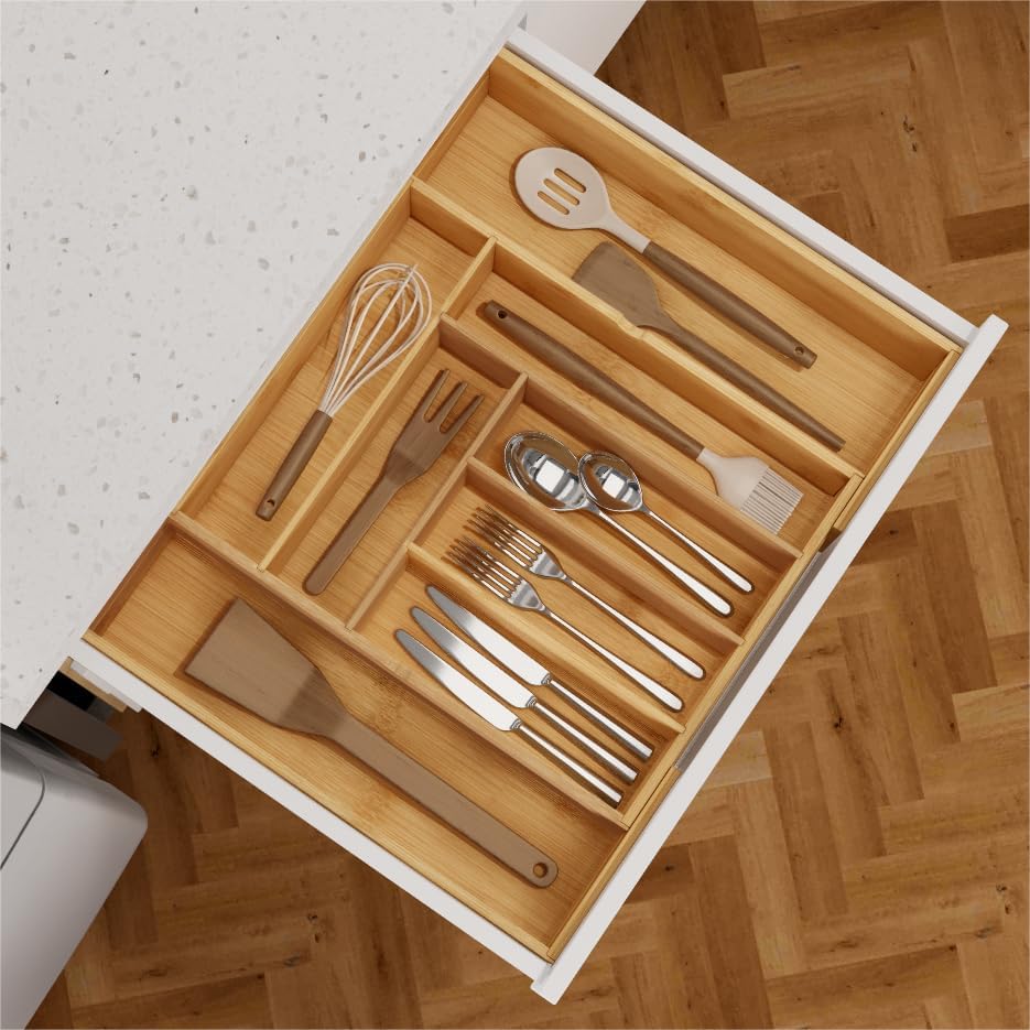 BAMEOS 3.9inch Tall Bamboo Drawer Organizer, Expandable Utensil Holder with 8...