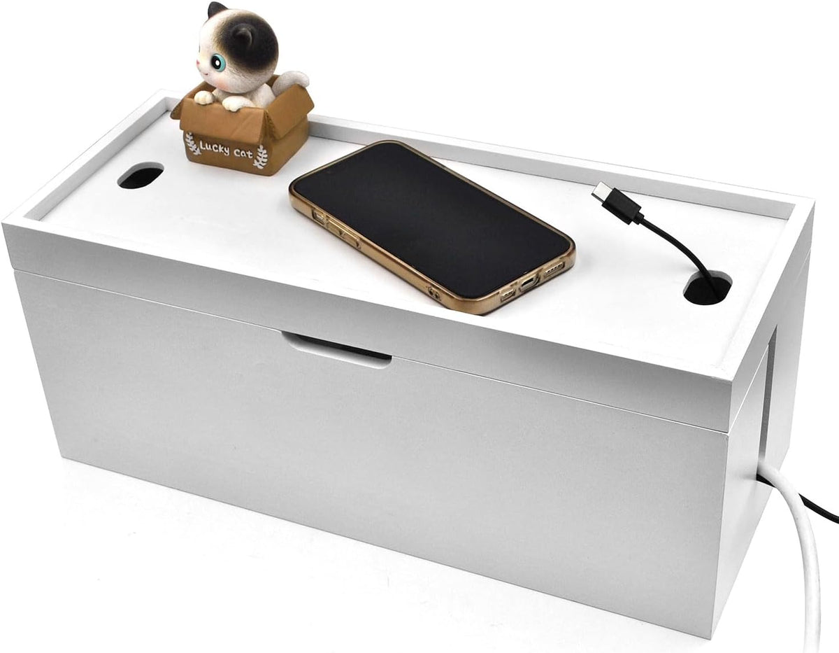 15 Inch Bamboo Large Cable Management Box, White Cord Organizer