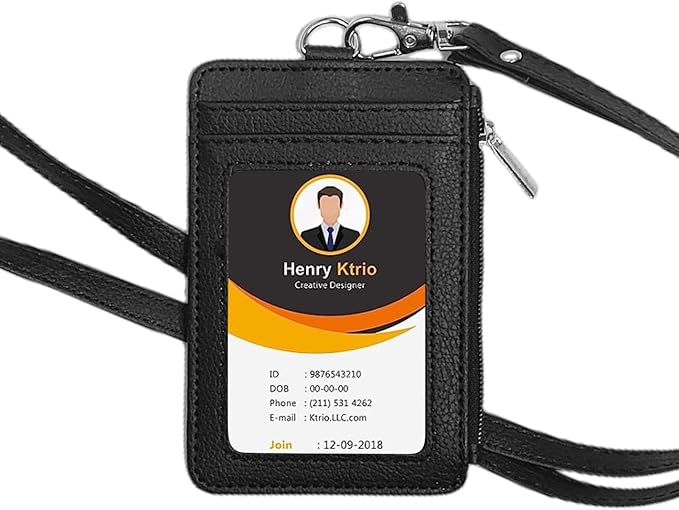 Black ID Badge Holder with Lanyard, Vertical PU Leather ID Badge Card Holder by BOLIMOSS