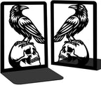 Raven and Skull Decor Gothic Metal Bookends for Shelves, Office Desk Organizer Book Ends for Heavy Books, Home Office Desk Bookshelf Decor Gift for Gothic Lovers and Reading Enthusiasts