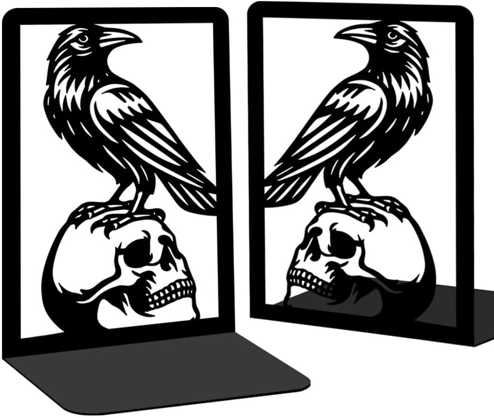 Raven and Skull Decor Gothic Metal Bookends for Shelves, Office Desk Organizer Book Ends for Heavy Books, Home Office Desk Bookshelf Decor Gift for Gothic Lovers and Reading Enthusiasts