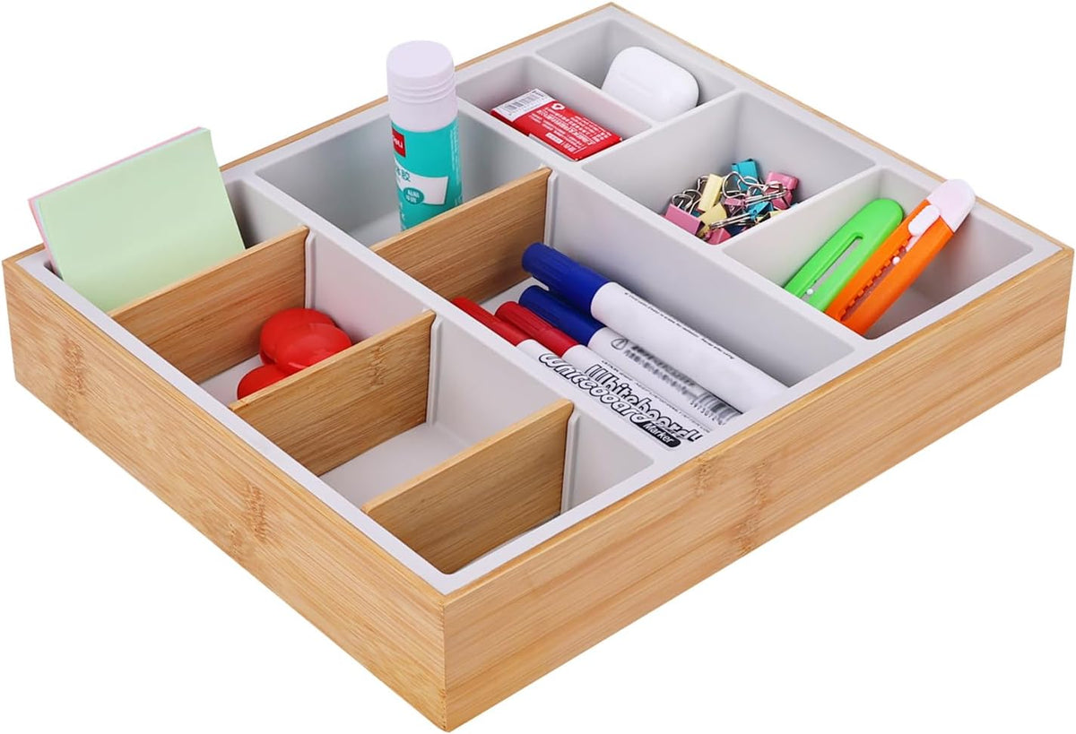 Bamboo Desk Drawer Organizer Tray, Silicone Sturdy Junk Drawer Organizer with...