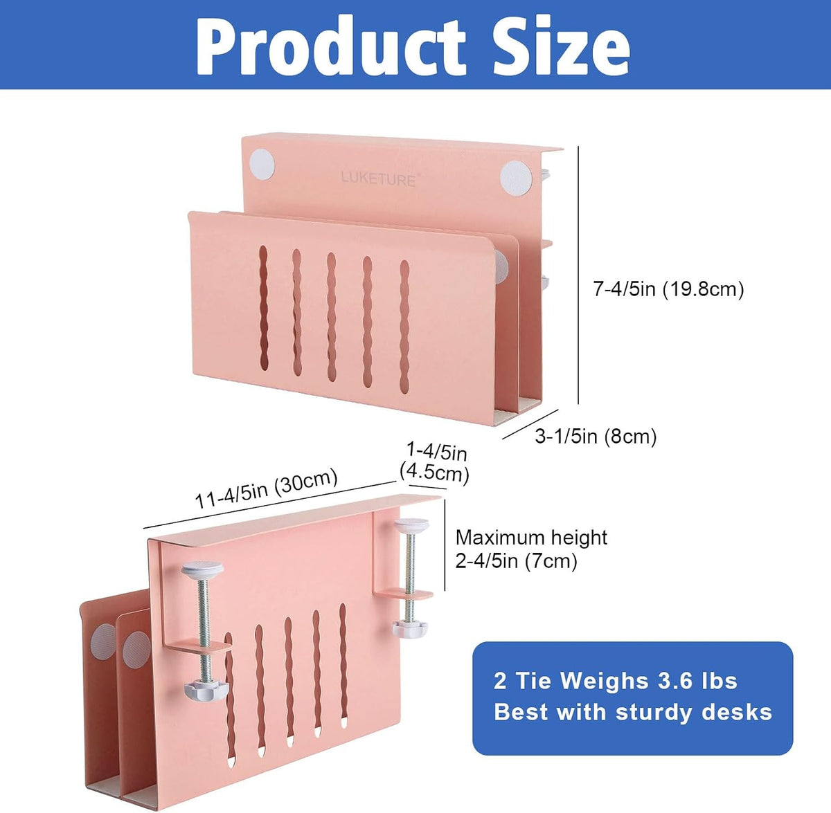 LUKETURE Desk Side Storage, 2 Tie Laptop Holder No Drill Clamp On Organizer