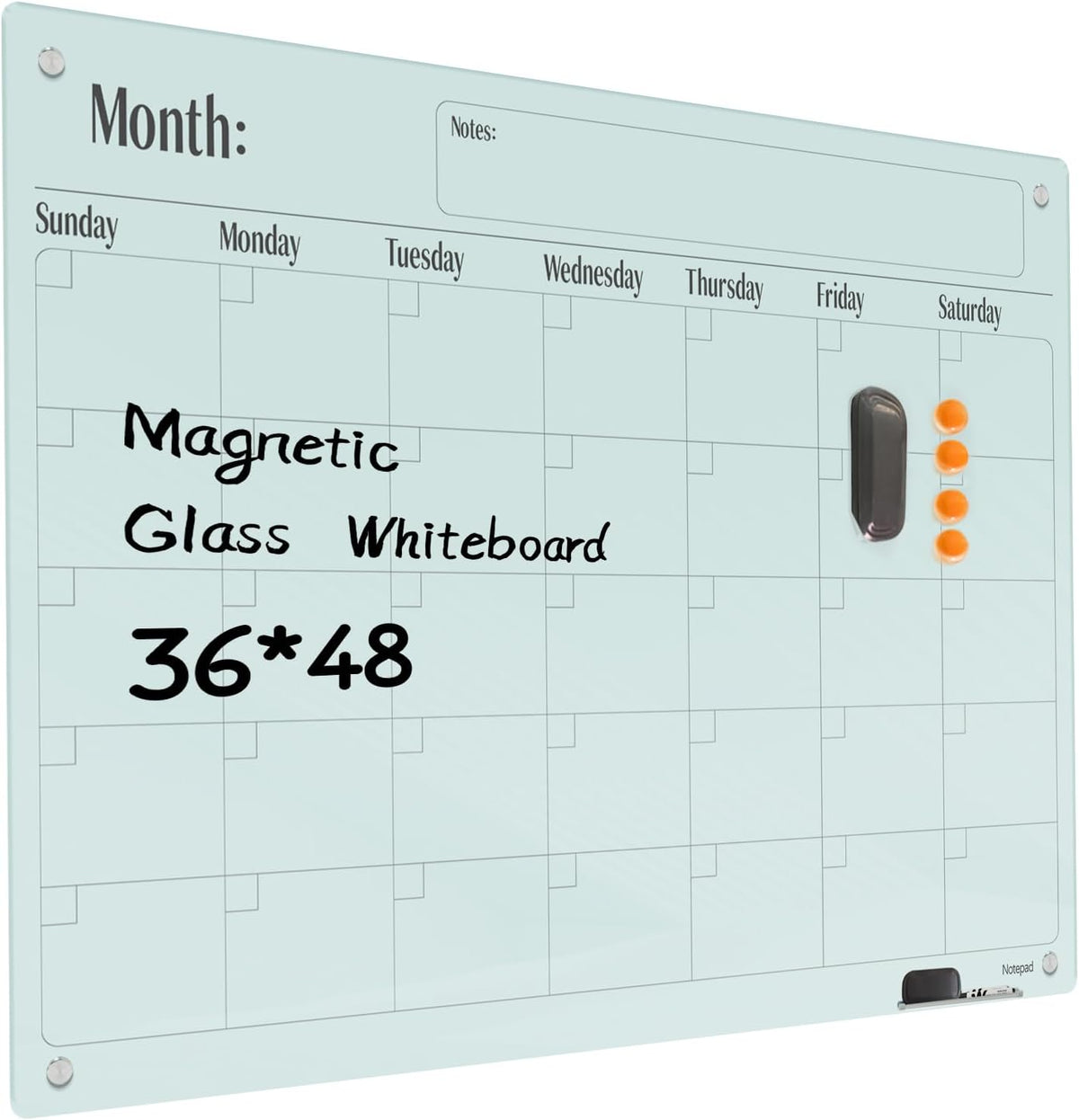 Magnetic Glass Dry Erase Board Calendar- White Board 48 x 36 Inch Wall Mounted