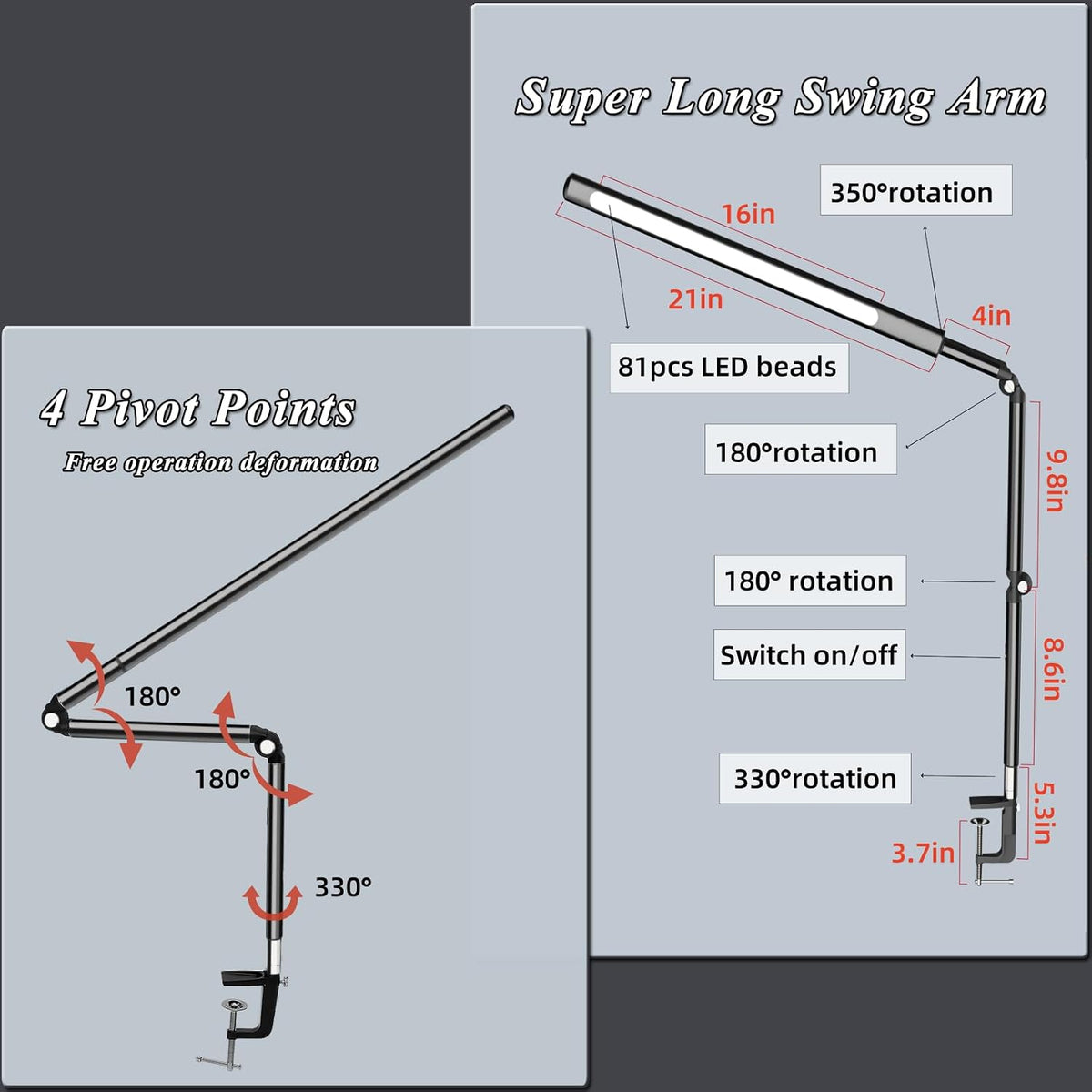 Aluminum LED Desk Lamp with Super Long Arm, Adjustable Nails Light for Desk, ...
