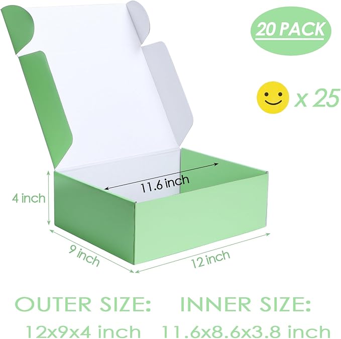 PHAREGE 12x9x4 inch Gift Shipping Boxes Bulk 20 Pack Green, Tab Lock Tuck Top - Image 2