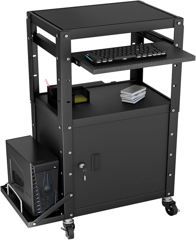 Mobile AV Cart with Side Shelves, Rolling Computer Cart Height Adjustable by GREHITK
