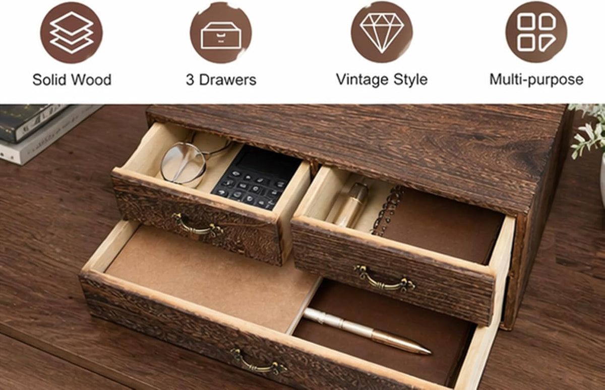 Wood Desktop Organizer Wooden Storage Cabinet with 3 Drawers Tabletop Counter...