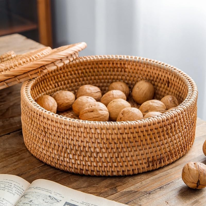 Rattan Basket With Lid, Lidded Wicker Storage Basket for Organizing, Woven Bo...