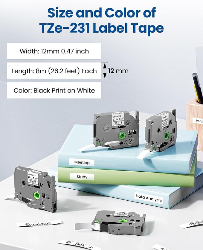 Pillex TZe-231 TZe TZ Tape 12mm 0.47 Laminated White AZe Label Tape Replace - Image 2