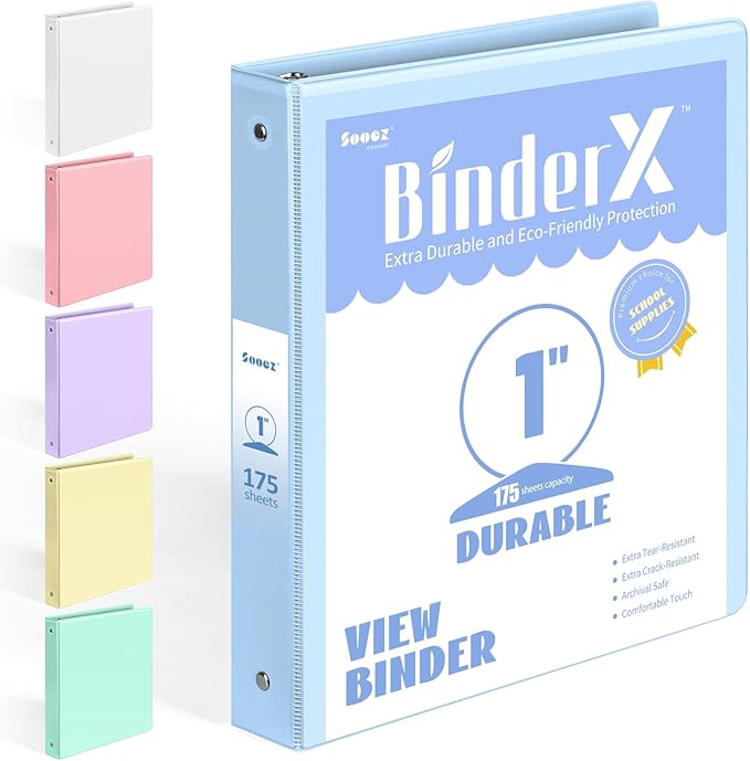 BinderX Extra Durable 3 Ring Binder, Round Ring 1 Inch Binders, Fits 175 Sheets by Sooez