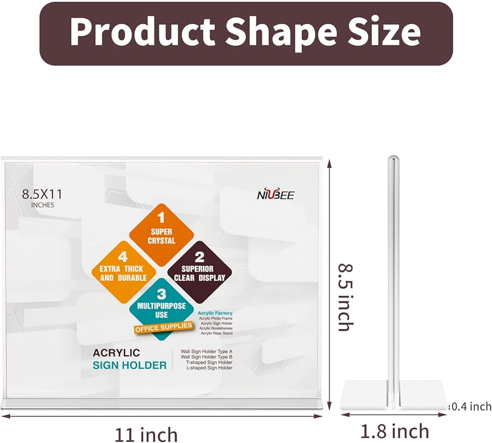 NIUBEE Acrylic Sign Holder 8.5x11 Inches 3 Pack Horizontal, T Shape Double - Image 2