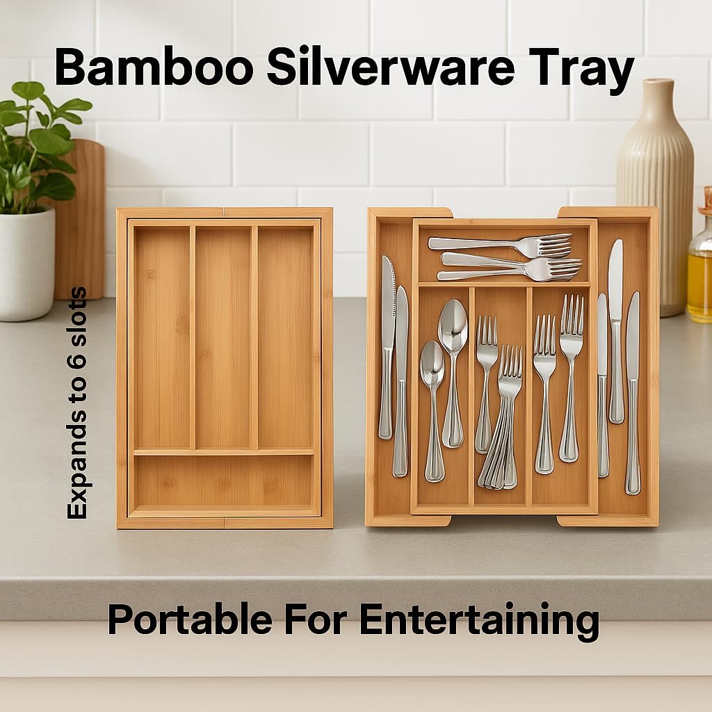 HIC Kitchen Expandable 6-Slot Silverware Cutlery Utensil Storage Tray, Natura...